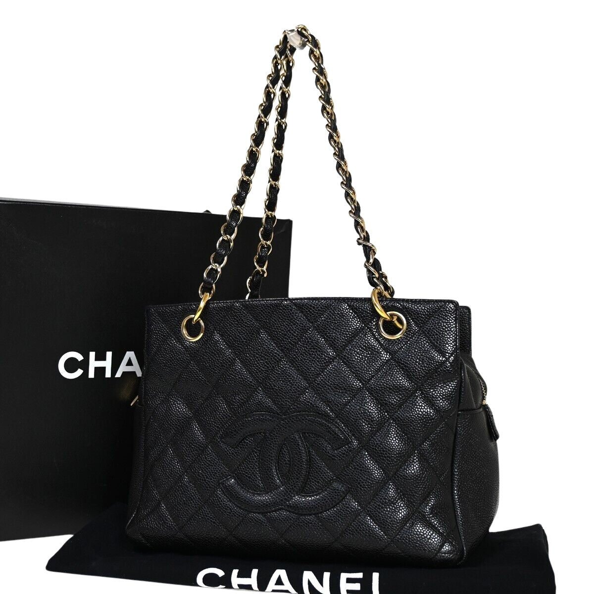 Chanel Petite Shopping Tote Black Leather Shoulder Bag (Pre-Owned)