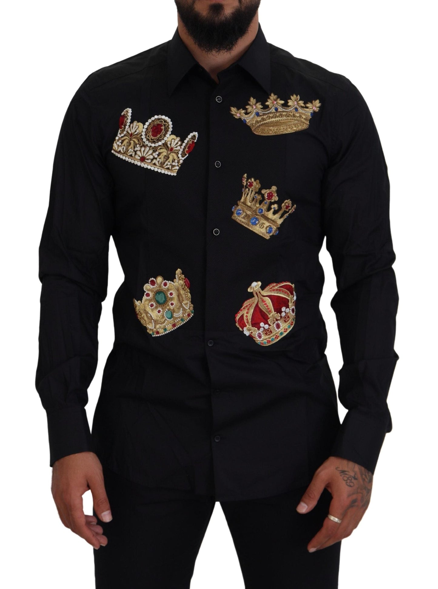 Dolce & Gabbana Elegant Black Slim Fit Dress Shirt with Crown Men's Embroidery