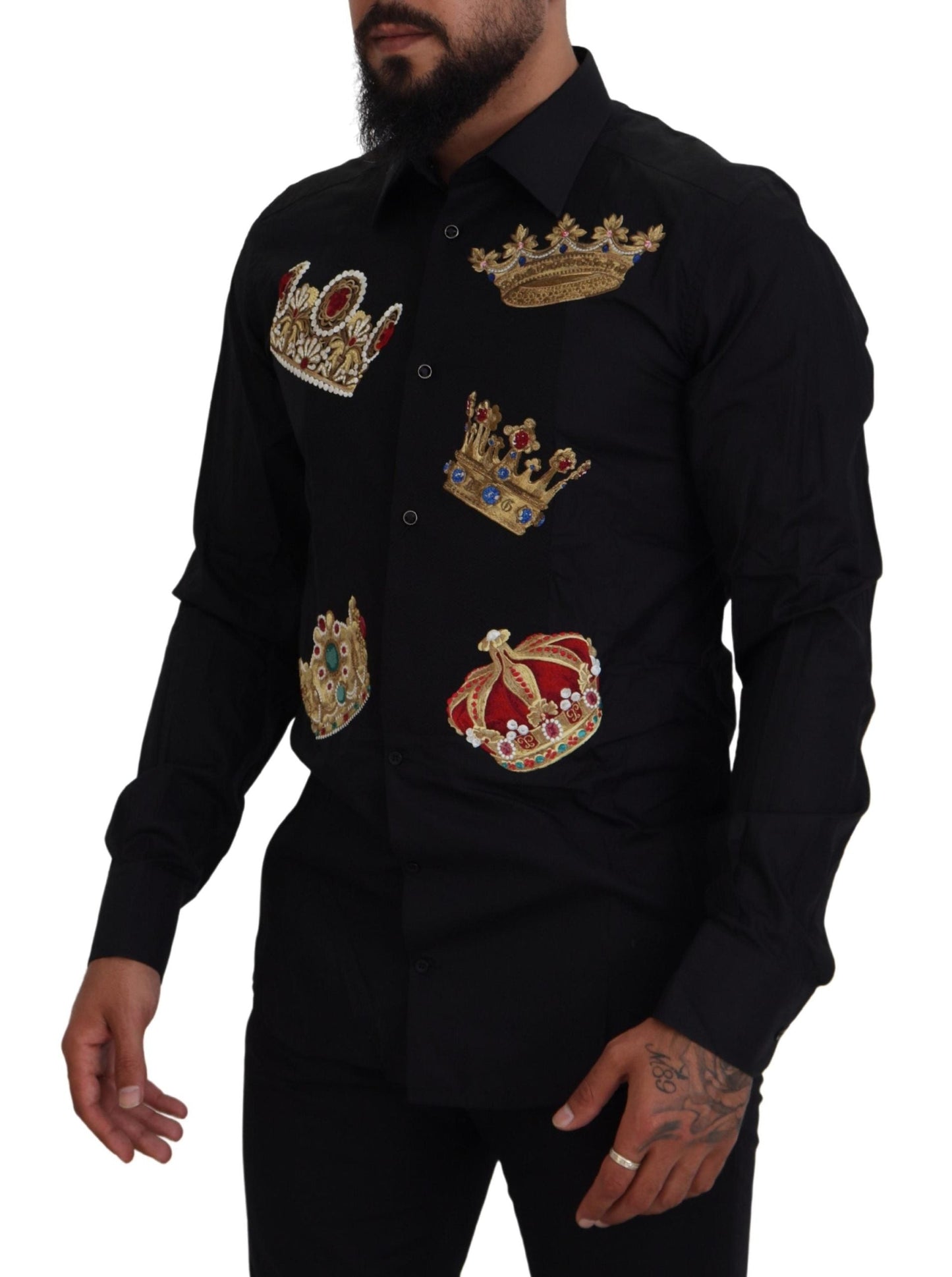 Dolce & Gabbana Elegant Black Slim Fit Dress Shirt with Crown Men's Embroidery