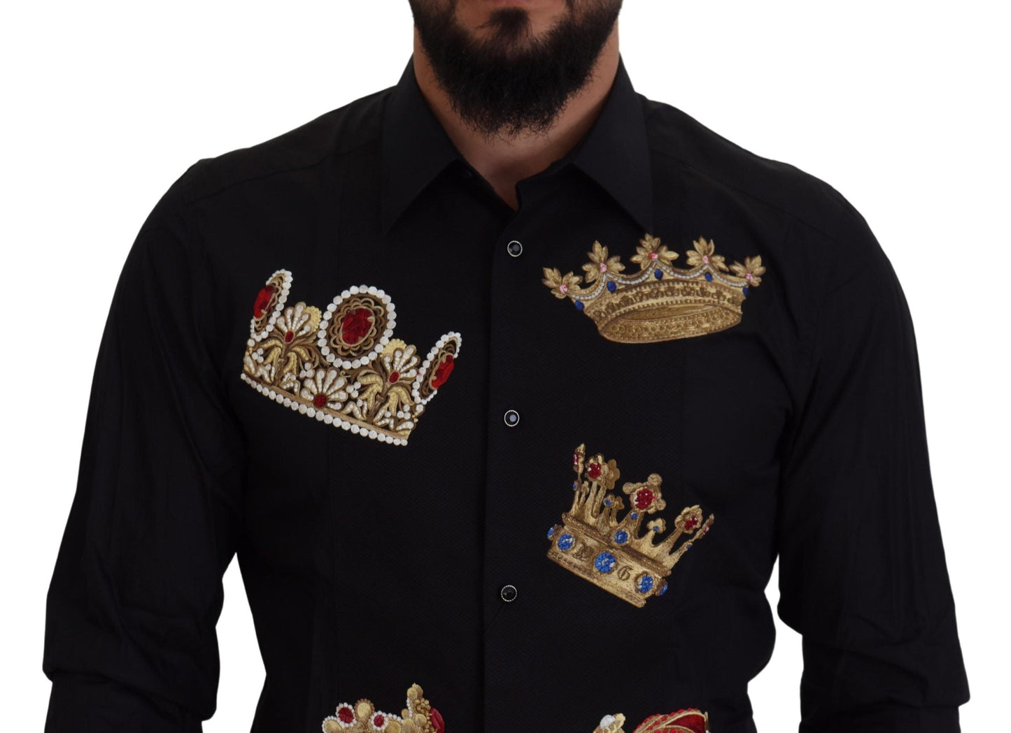 Dolce & Gabbana Elegant Black Slim Fit Dress Shirt with Crown Men's Embroidery