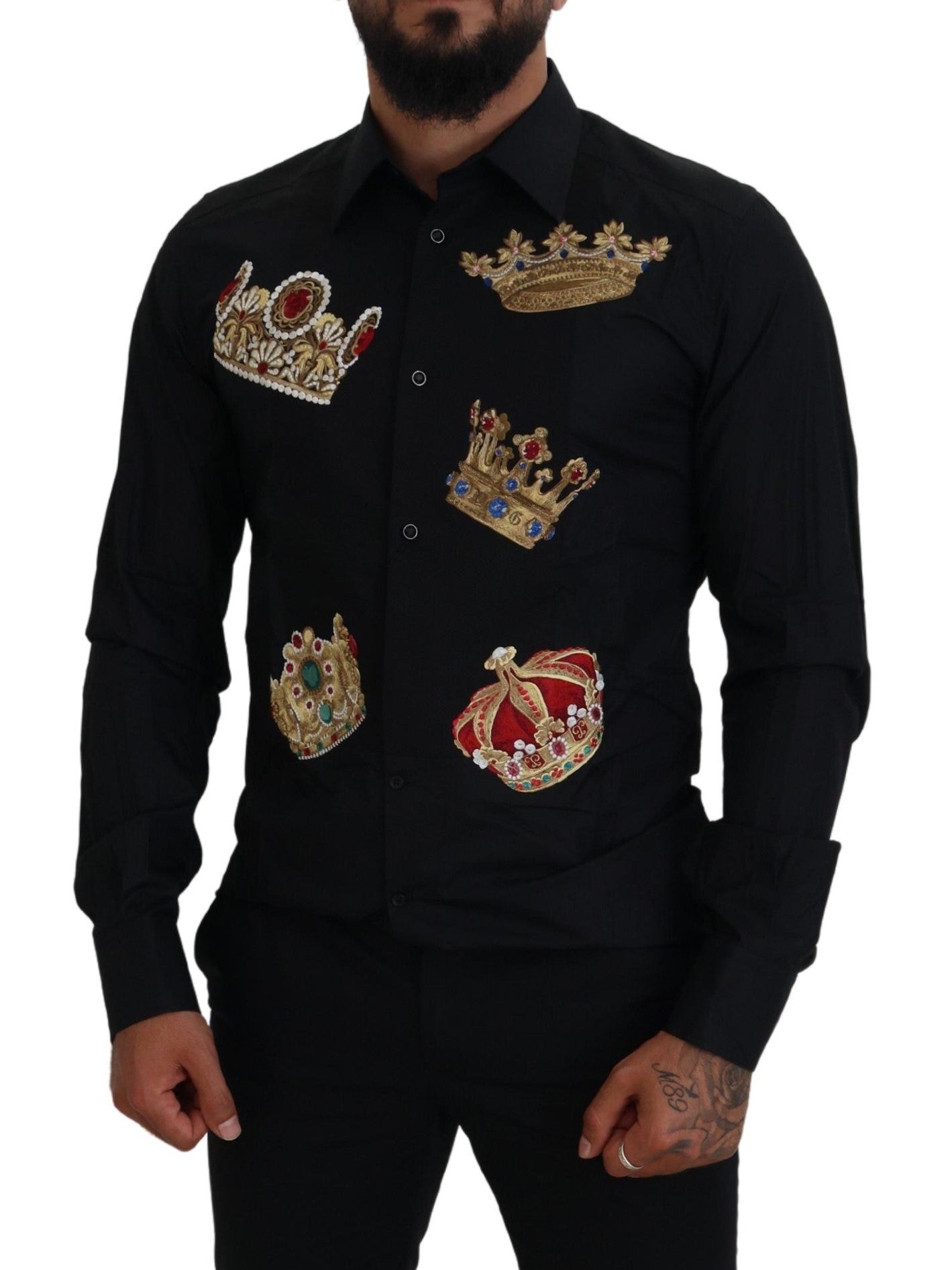 Dolce & Gabbana Elegant Black Slim Fit Dress Shirt with Crown Men's Embroidery