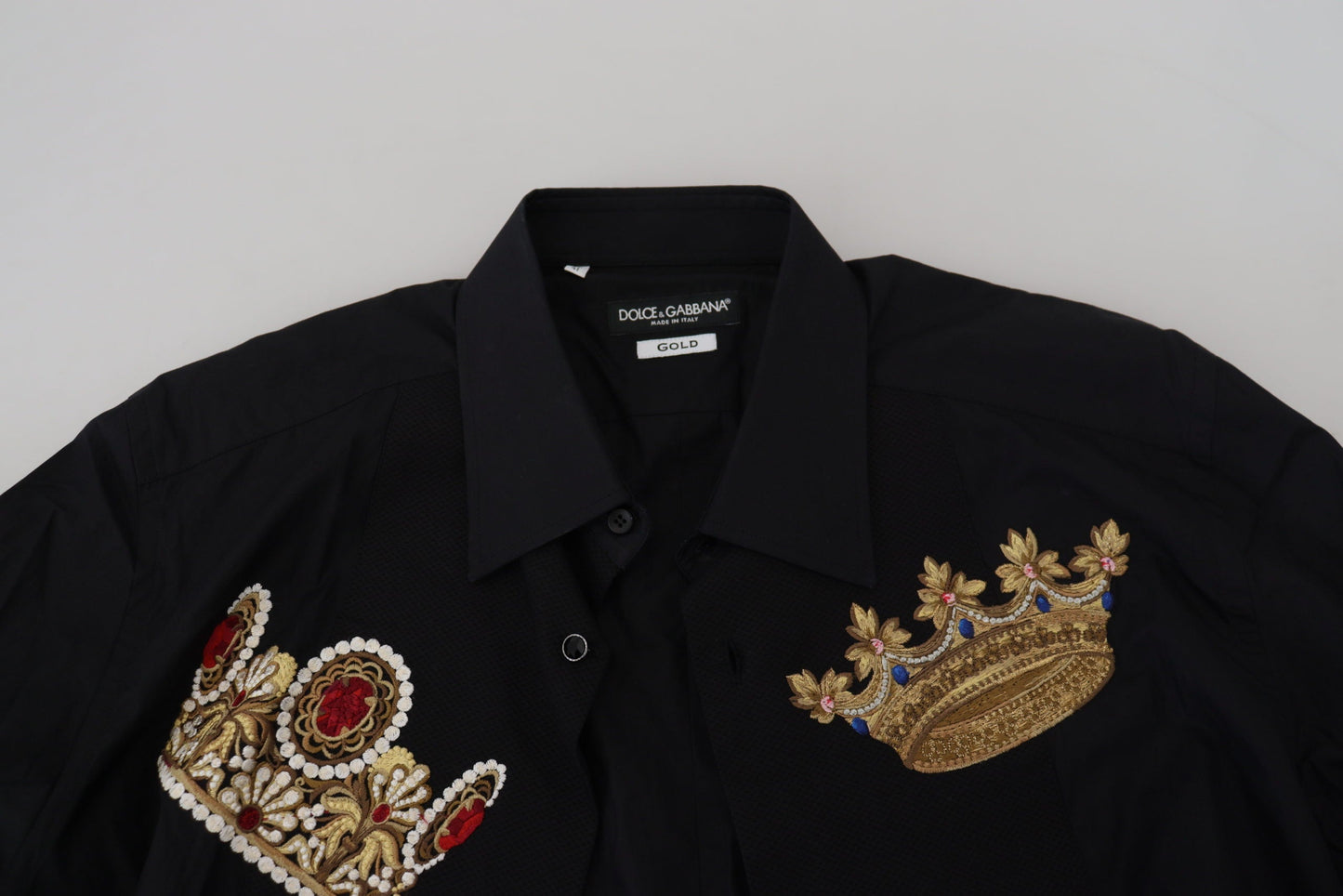 Dolce & Gabbana Elegant Black Slim Fit Dress Shirt with Crown Men's Embroidery