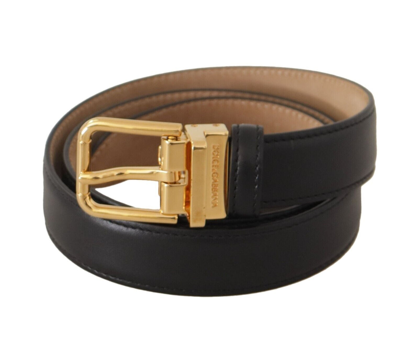 Dolce & Gabbana Elegant Black Leather Belt with Engraved Metal Women's Buckle