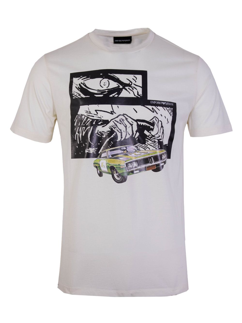 Emporio Armani Sophisticated White Cotton Tee with Colorful Men's Print